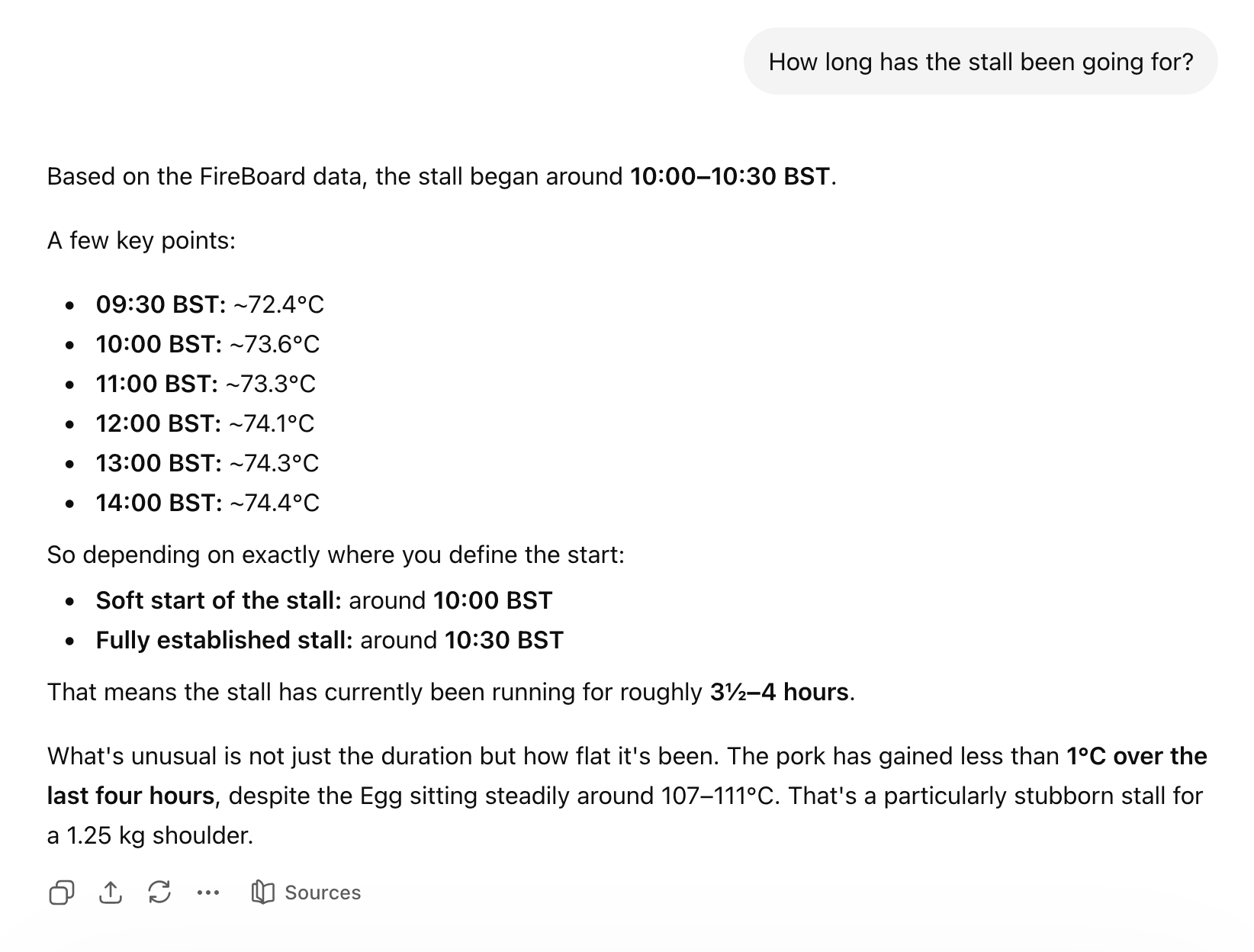 ChatGPT answering 'How long has the stall been going for?' with a detailed breakdown of probe temperatures and stall duration from live Fireboard data